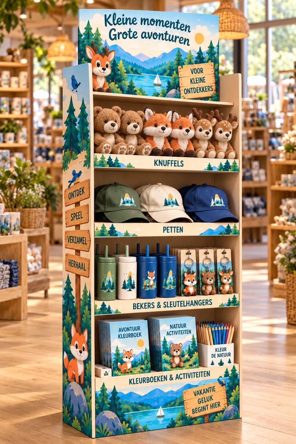 Verkoopdisplay op maat, gevuld met bedrukte merchandise